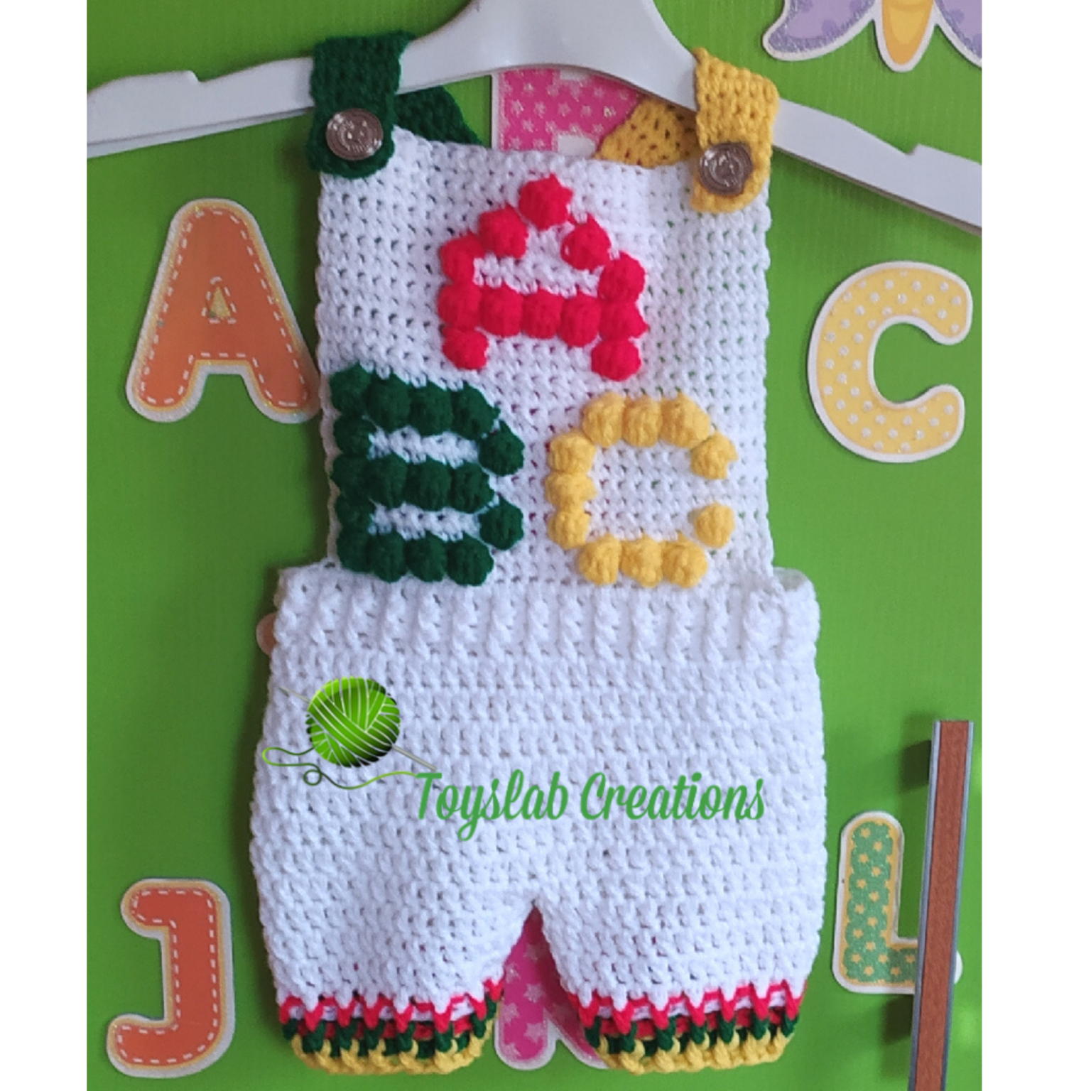 Crochet alphabet baby romper toyslab creations